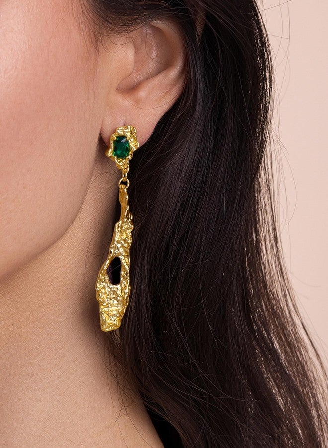 SNGIA 18K gold plated Abstract Long Chunky Vintage Boho Dangle Hammered Statement Earrings with Rectangle Green Emerald Gemstone by SNGIA, Bold Geometric Drop Handmade Exaggerated Irregular Trendy Bohemian Charm Chandelier Jewelry Gifts, Unique Dangling Teardrop Baroque Stone Summer Beach Fashion Accessories, Waterfall Vintage Thick Circular Nickle Free Huggies Hoop Earring. - Image 4